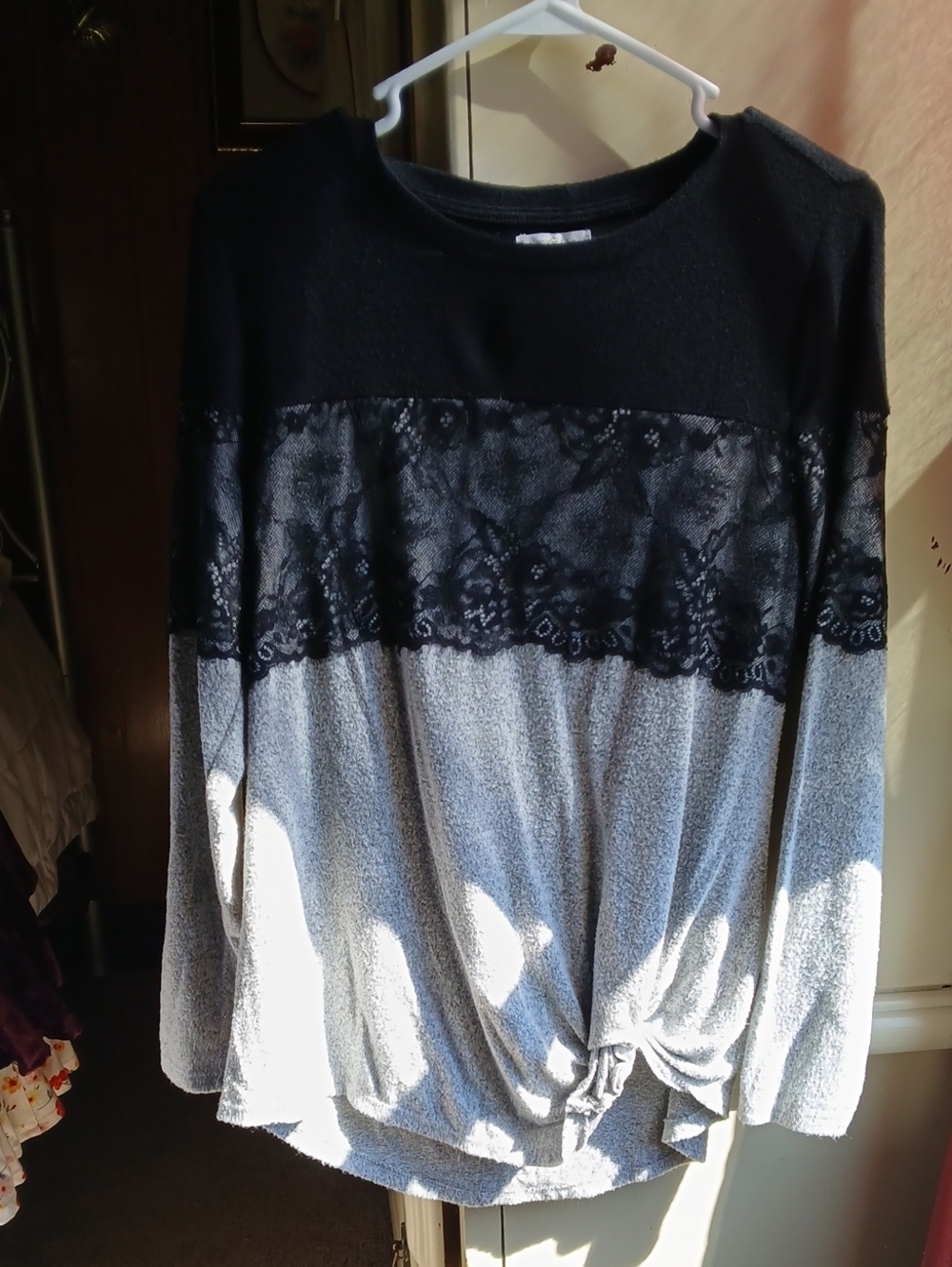 Maurices Black and Light Gray Lace-Trim Colorblock Crewneck